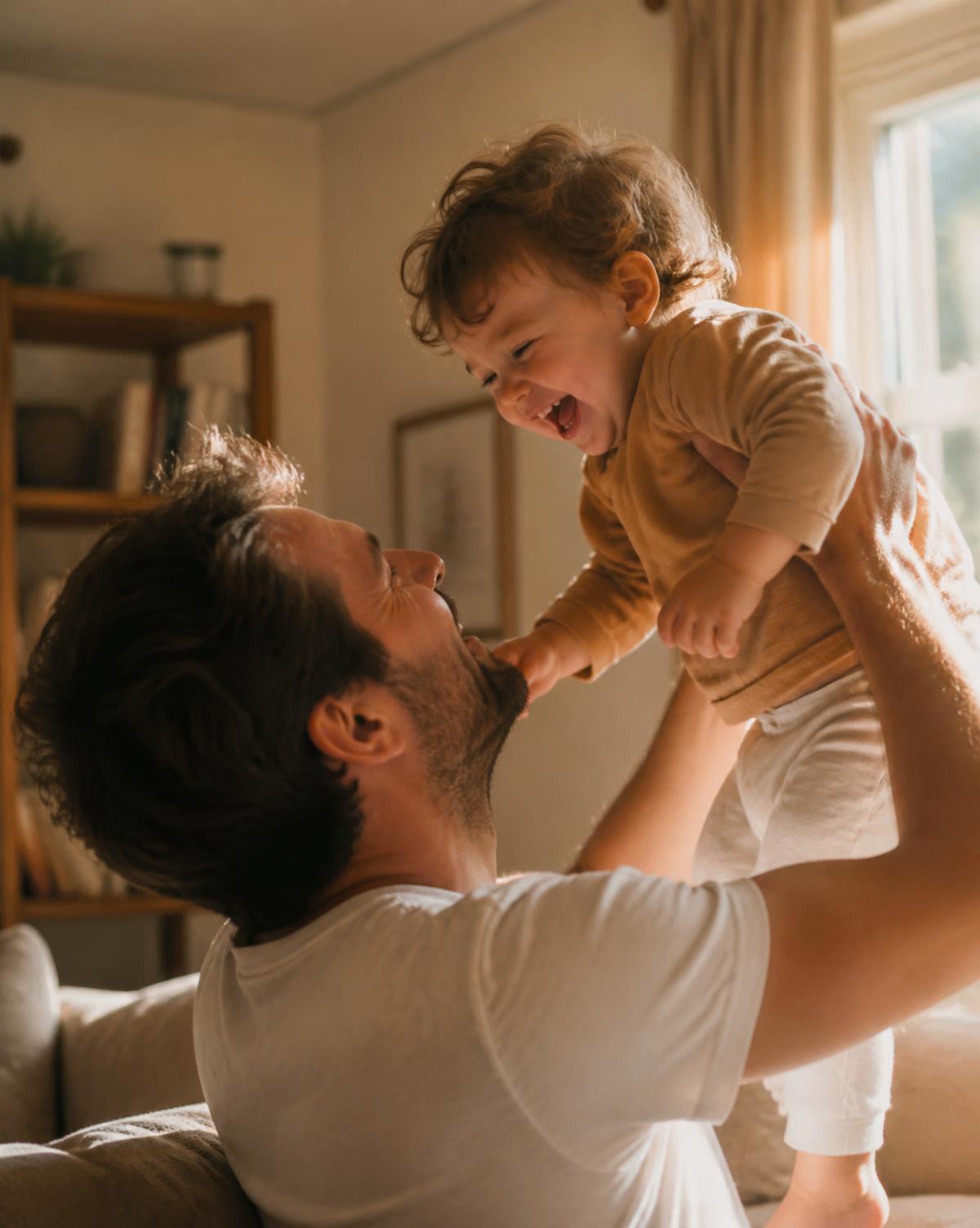 A father lifting his laughing toddler in a sunlit living room